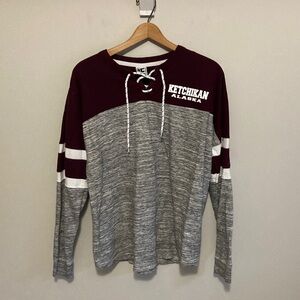 LE Maroon and Gray Lace-Up Shirt Ketchikan Alaska, Women’s Size Large